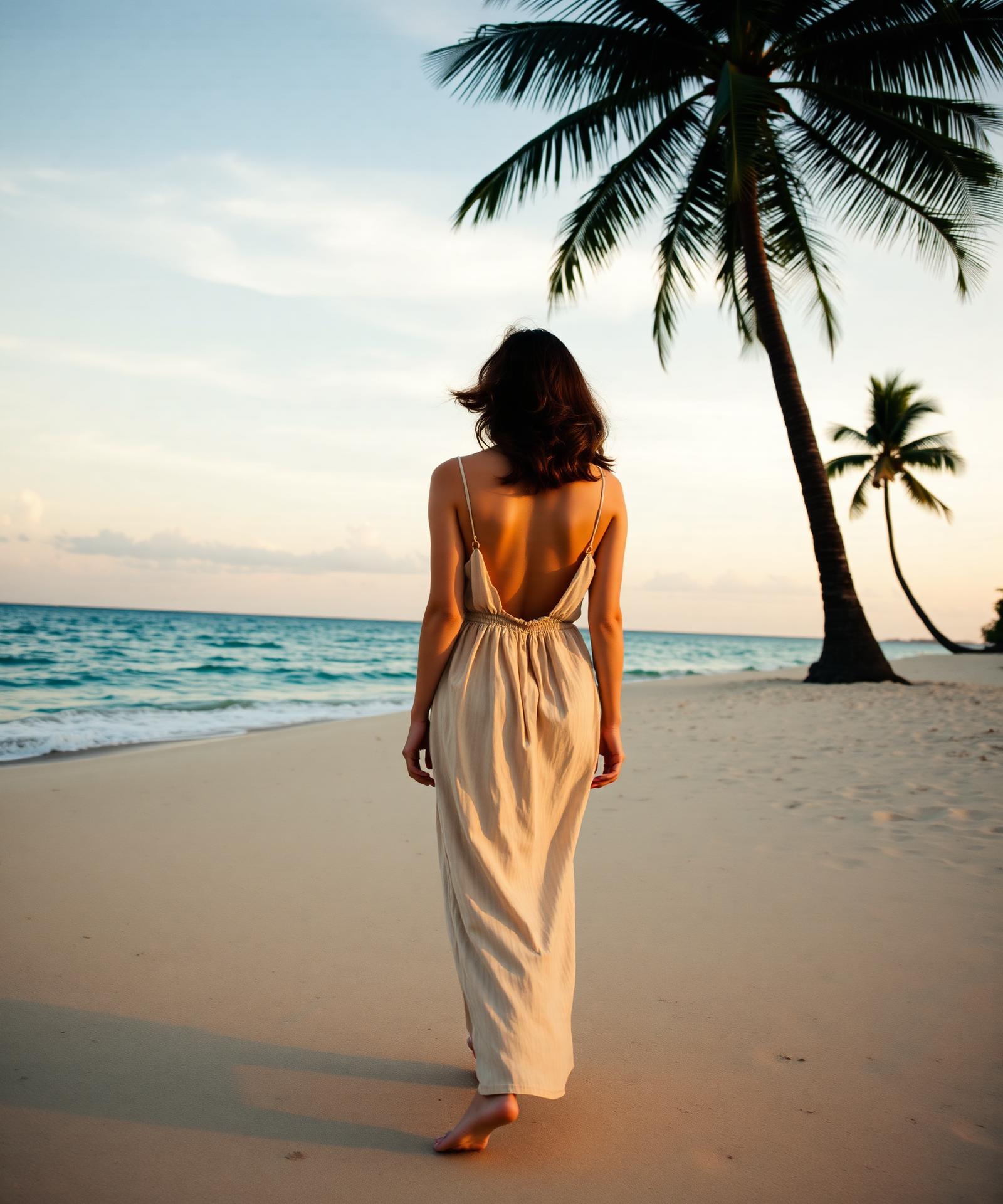 Frau läuft am Strand in Thailand bei Sonnenuntergang